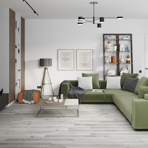 Кварцвиниловый SPC ламинат Damy Floor Family Дуб Классический Серый Classic Gray Oak T7020-2 1220×180×4 фото в интерьере