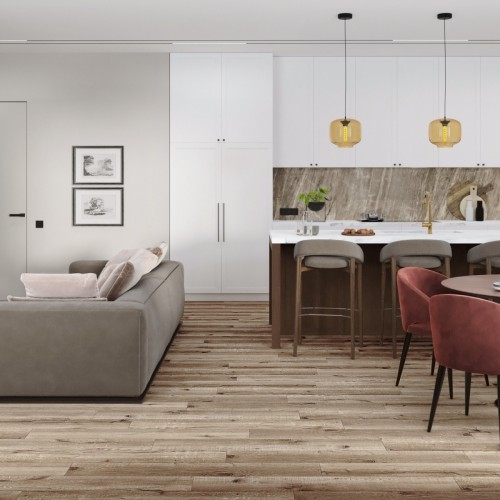 Кварцвиниловый SPC ламинат Damy Floor Family Дуб Изысканный Exquisite Oak JC8271-7 1220×180×4 фото в интерьере