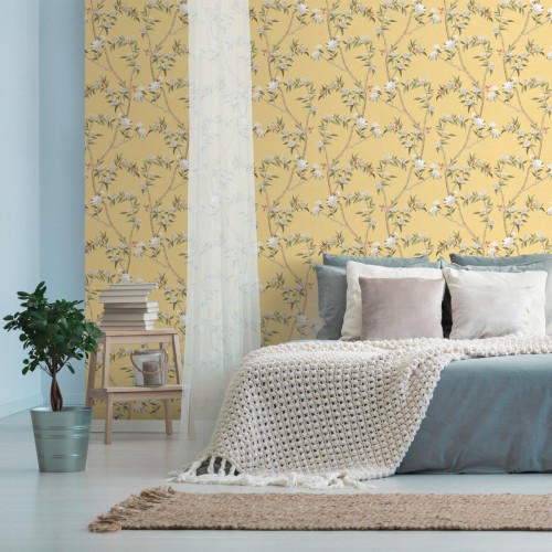 Обои Aura Spring Chinoiserie yellow 1900-3 10,05×0,53 фото в интерьере