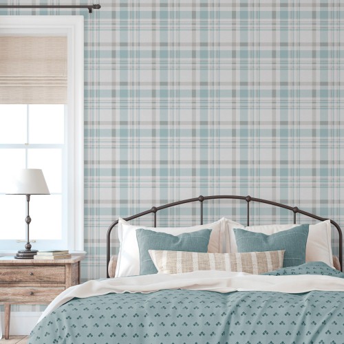 Обои Aura Spring Plaid turquoise 1906-1 10,05×0,53 фото в интерьере