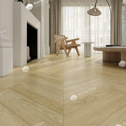 Кварцвиниловая плитка Alpine Floor клеевая Chevron Alpine LVT Дуб Ваниль Селект Chevron ECO 20-2 французская елка 555×127×2,5 фото в интерьере