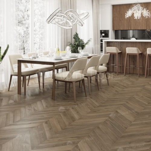 Кварцвиниловая плитка Alpine Floor клеевая Chevron Alpine LVT Дуб Насыщенный Chevron ECO 20-4 французская елка 555×127×2,5 фото в интерьере