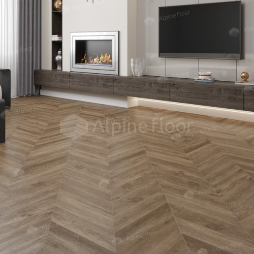 Кварцвиниловая плитка Alpine Floor клеевая Chevron Alpine LVT Макадамия Chevron ECO 20-5 французская елка 555×127×2,5 фото в интерьере