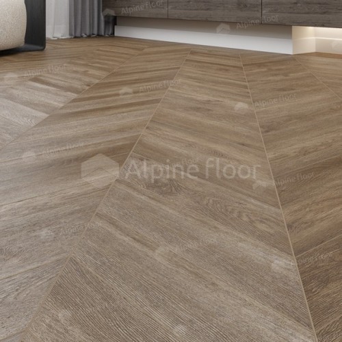 Кварцвиниловая плитка Alpine Floor клеевая Chevron Alpine LVT Макадамия Chevron ECO 20-5 французская елка 555×127×2,5 фото в интерьере