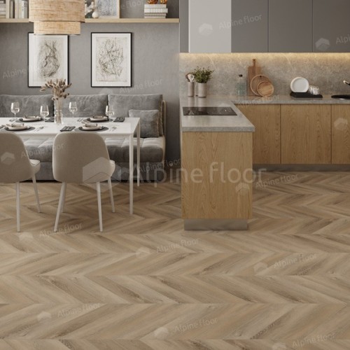 Кварцвиниловая плитка Alpine Floor клеевая Chevron Alpine LVT Дуб Синистра Chevron ECO 20-6 французская елка 555×127×2,5 фото в интерьере