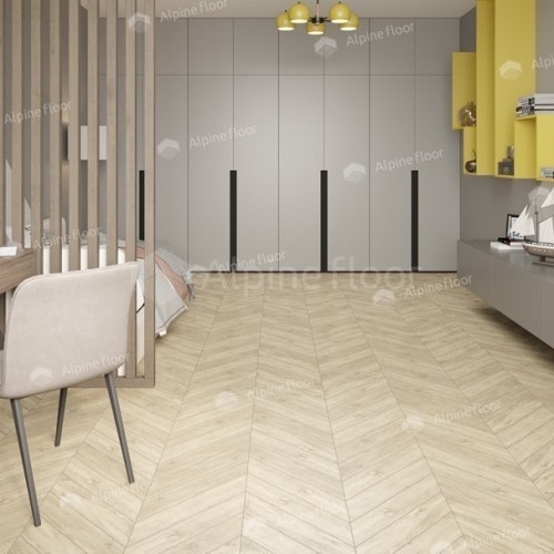 Кварцвиниловая плитка Alpine Floor клеевая Chevron Alpine LVT Сонома Chevron ECO 20-7 французская елка 555×127×2,5 фото в интерьере