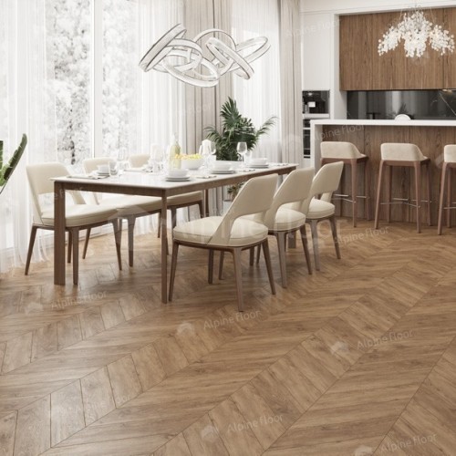 Кварцвиниловая плитка Alpine Floor клеевая Chevron Alpine LVT Гевуина Chevron ECO 20-10 французская елка 555×127×2,5 фото в интерьере