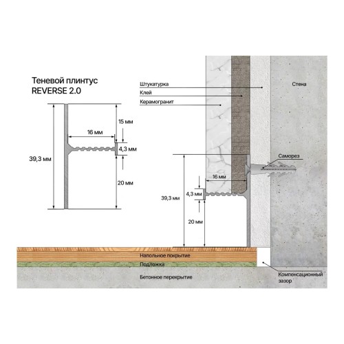 Плинтус алюминиевый теневой Laconistiq Reverse 2.0 черный 3000×39,3×16