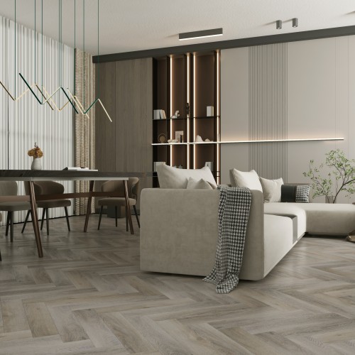 Кварцвиниловый SPC ламинат Home Expert Parquet Дуб Вековой лес 33-2180-01 / 33-3005 венгерская елка 615×123×3,5 фото в интерьере