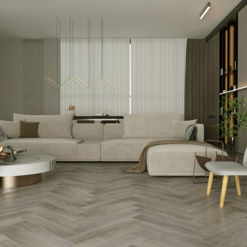 Кварцвиниловый SPC ламинат Home Expert Parquet Дуб Вековой лес 33-2180-01 / 33-3005 венгерская елка 615×123×3,5 фото в интерьере