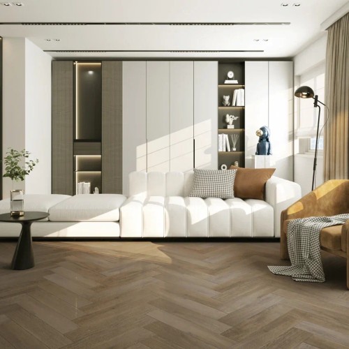 Кварцвиниловый SPC ламинат Home Expert Parquet Дуб Ливингстон 33-3009 венгерская елка 615×123×3,5 фото в интерьере