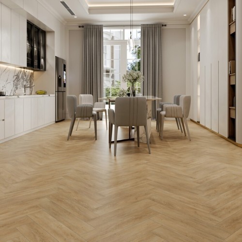 Кварцвиниловый SPC ламинат Evofloor Parguet Click Parquet Oak Sand Дуб Песочный HP 0090 венгерская елка 600×125×4 фото в интерьере