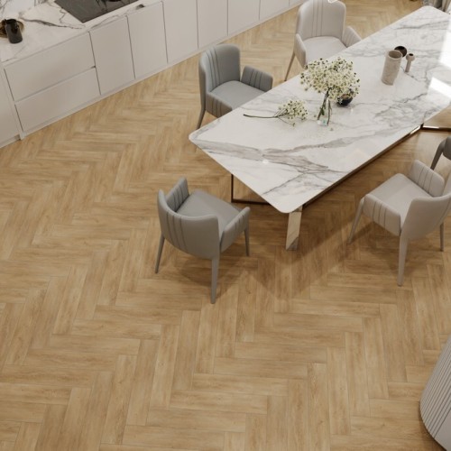 Кварцвиниловый SPC ламинат Evofloor Parguet Click Parquet Oak Sand Дуб Песочный HP 0090 венгерская елка 600×125×4 фото в интерьере
