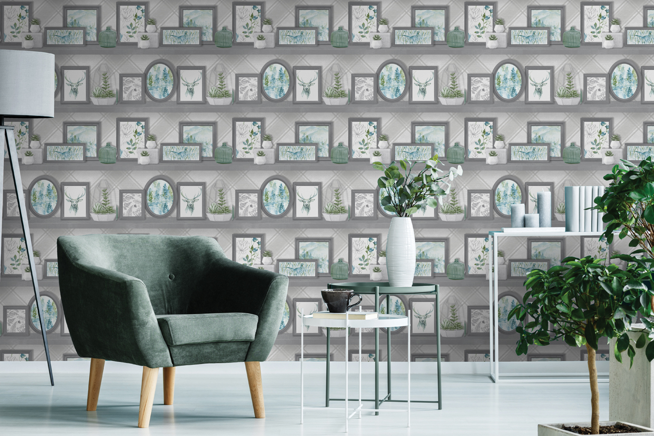 Обои Holden Kaleidoscope Aberfeldy Grey/Teal 90630 фото в интерьере