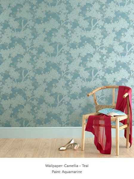 Обои Little Greene 20th Century Papers Camellia - Teal 0275CATEALZ фото в интерьере