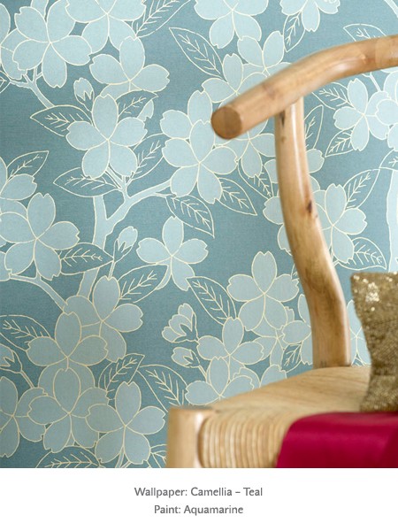 Обои Little Greene 20th Century Papers Camellia - Teal 0275CATEALZ фото в интерьере