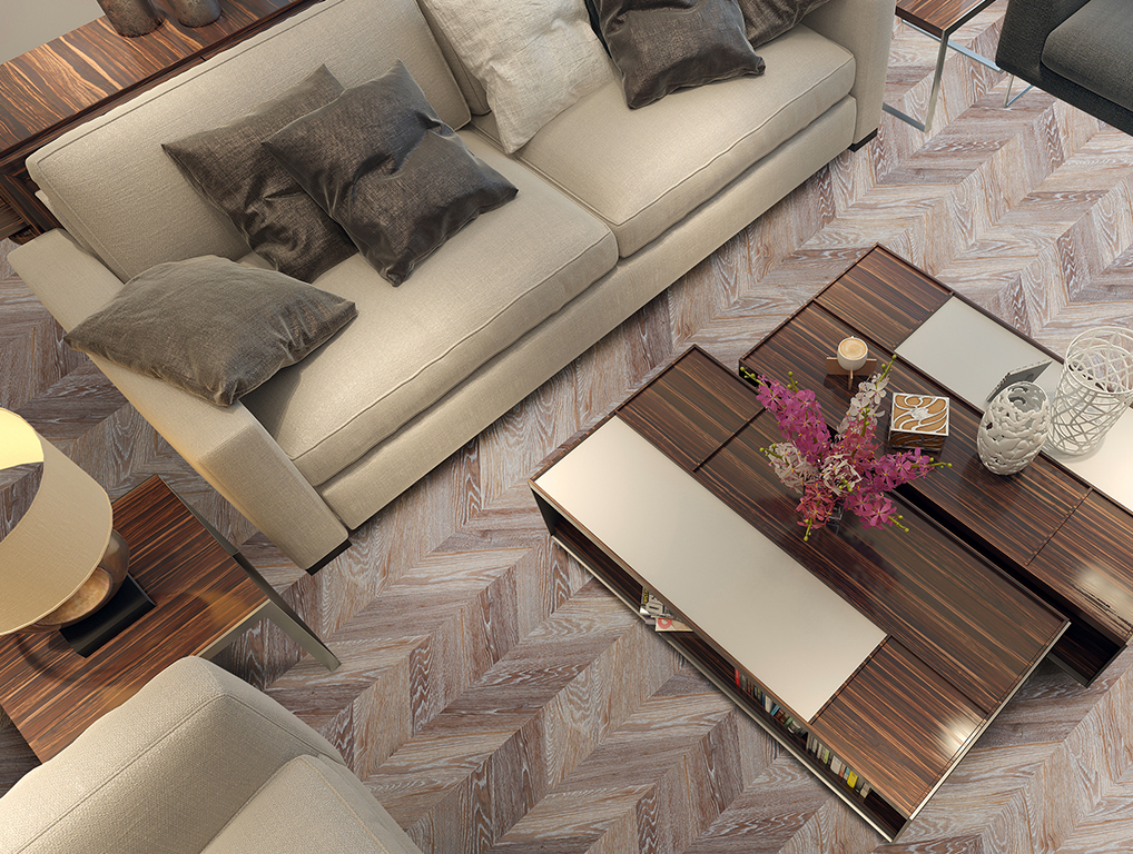 Пробковый пол клеевой Corkstyle Chevron Brown 1235×305×6 фото в интерьере