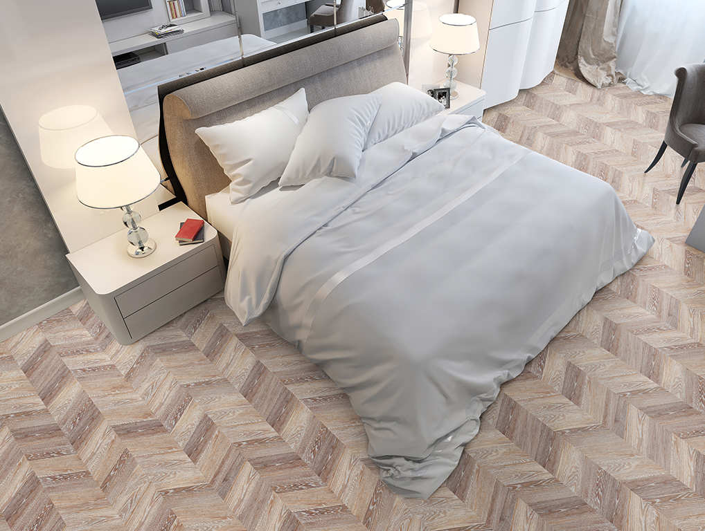 Пробковый пол клеевой Corkstyle Chevron Brown 1235×305×6 фото в интерьере