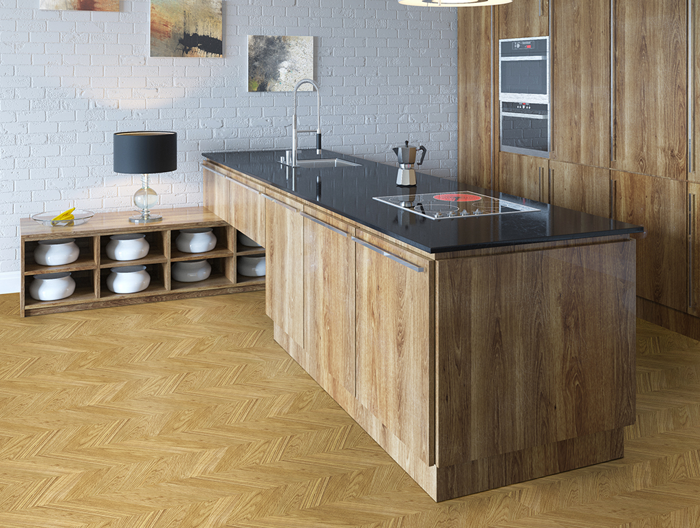 Пробковый пол клеевой Corkstyle Chevron Gold 1235×305×6 фото в интерьере