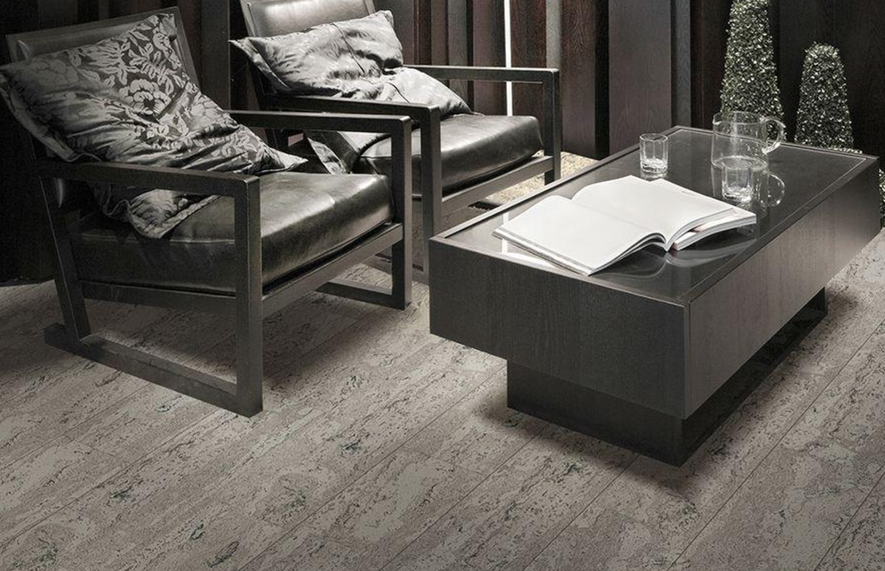 Пробковый пол замковый Corkstyle CorkPro Comprido Smoke 915×200×11 фото в интерьере