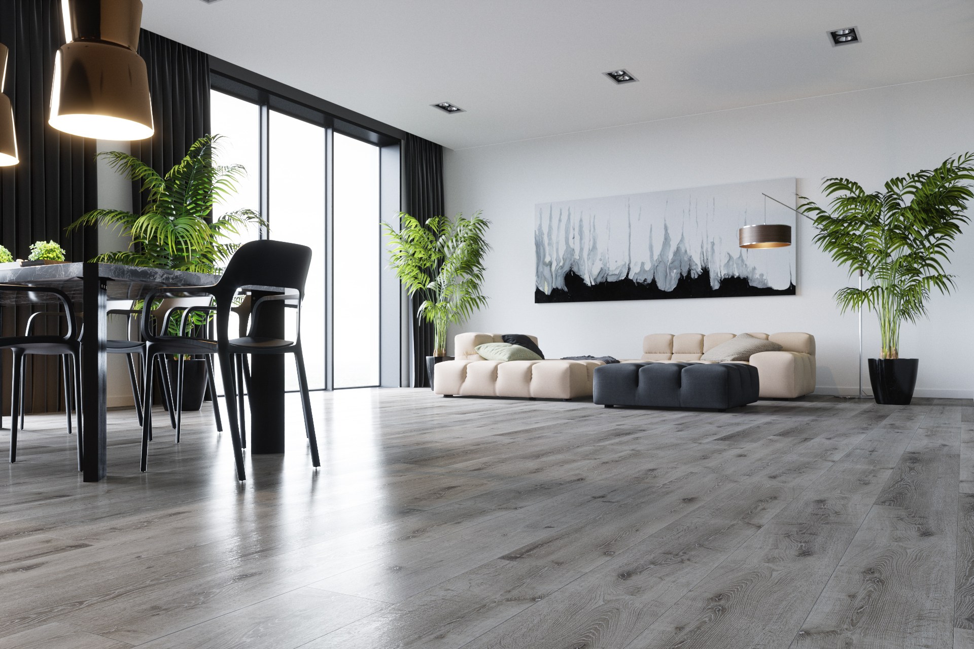 Кварцвиниловый SPC ламинат Fargo Comfort XXL Дуб Каменный Берег DL 1602 1520×227×4 фото в интерьере