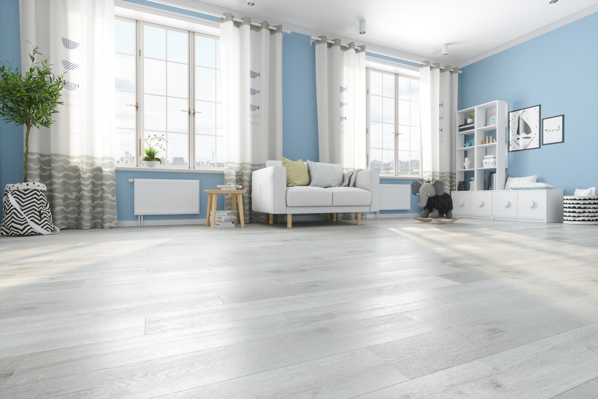 Кварцвиниловый SPC ламинат Fargo Comfort Дуб Лондонский Туман 81996-14 1220×180×4 фото в интерьере