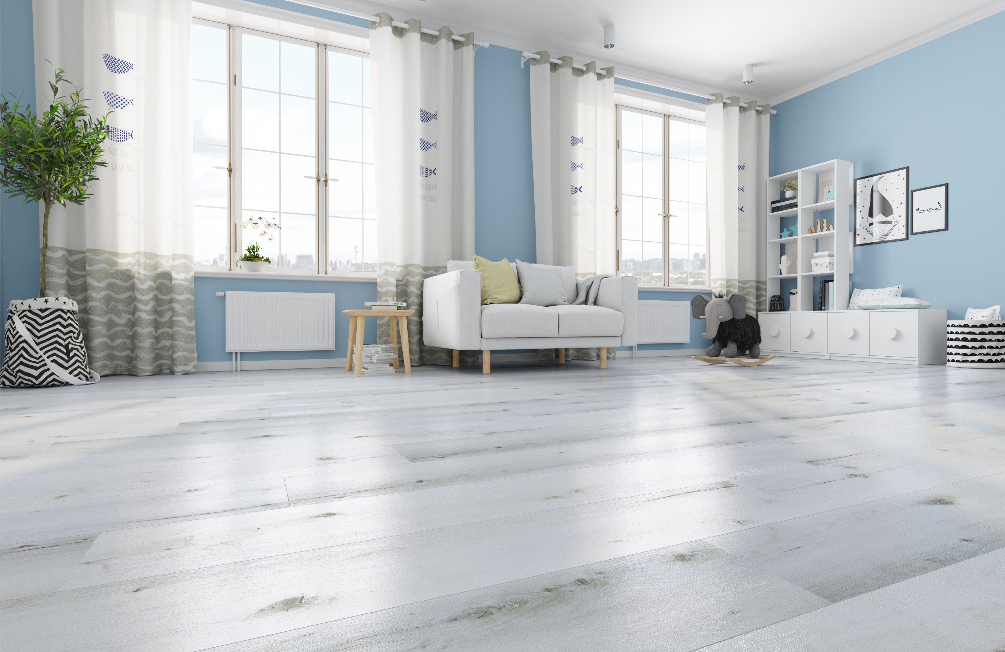 Кварцвиниловый SPC ламинат Fargo Comfort XXL Дуб Снежный DL 1601 1520×227×4 фото в интерьере