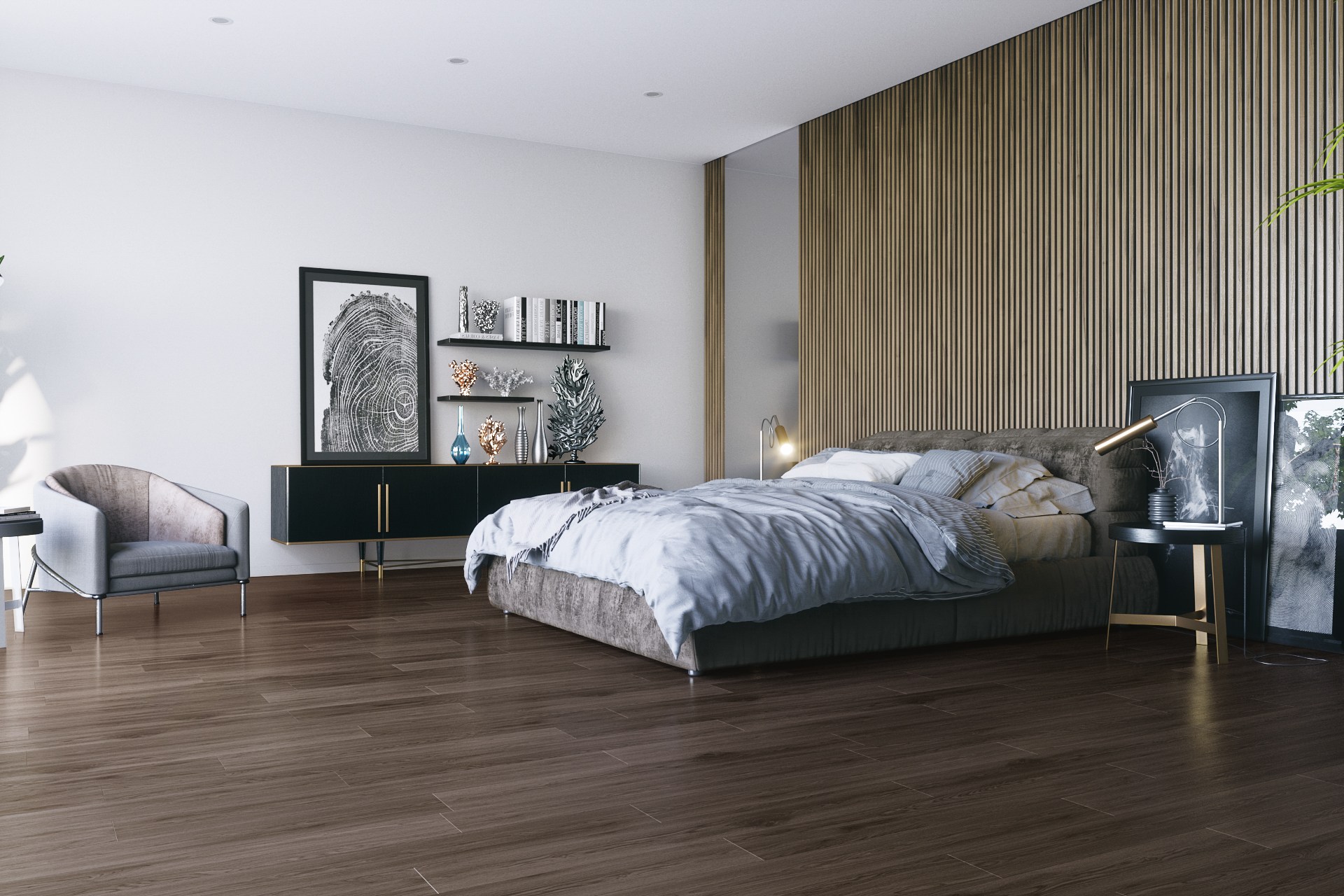 Кварцвиниловый SPC ламинат Fargo Comfort Дуб Старый JC 18001-28 1220×180×4 фото в интерьере