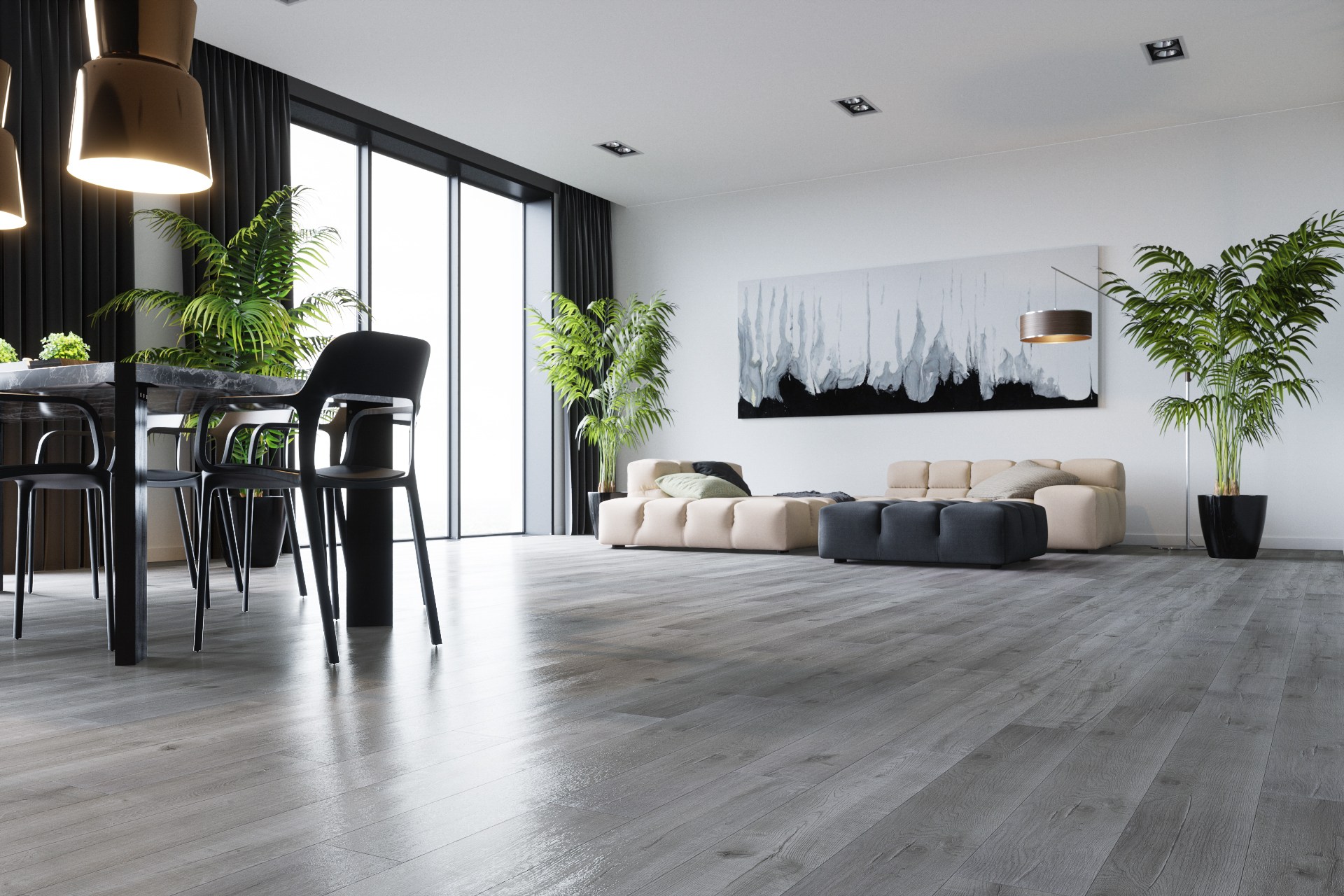 Кварцвиниловый SPC ламинат Fargo Comfort Дуб Урбан 81996 1220×180×4 фото в интерьере