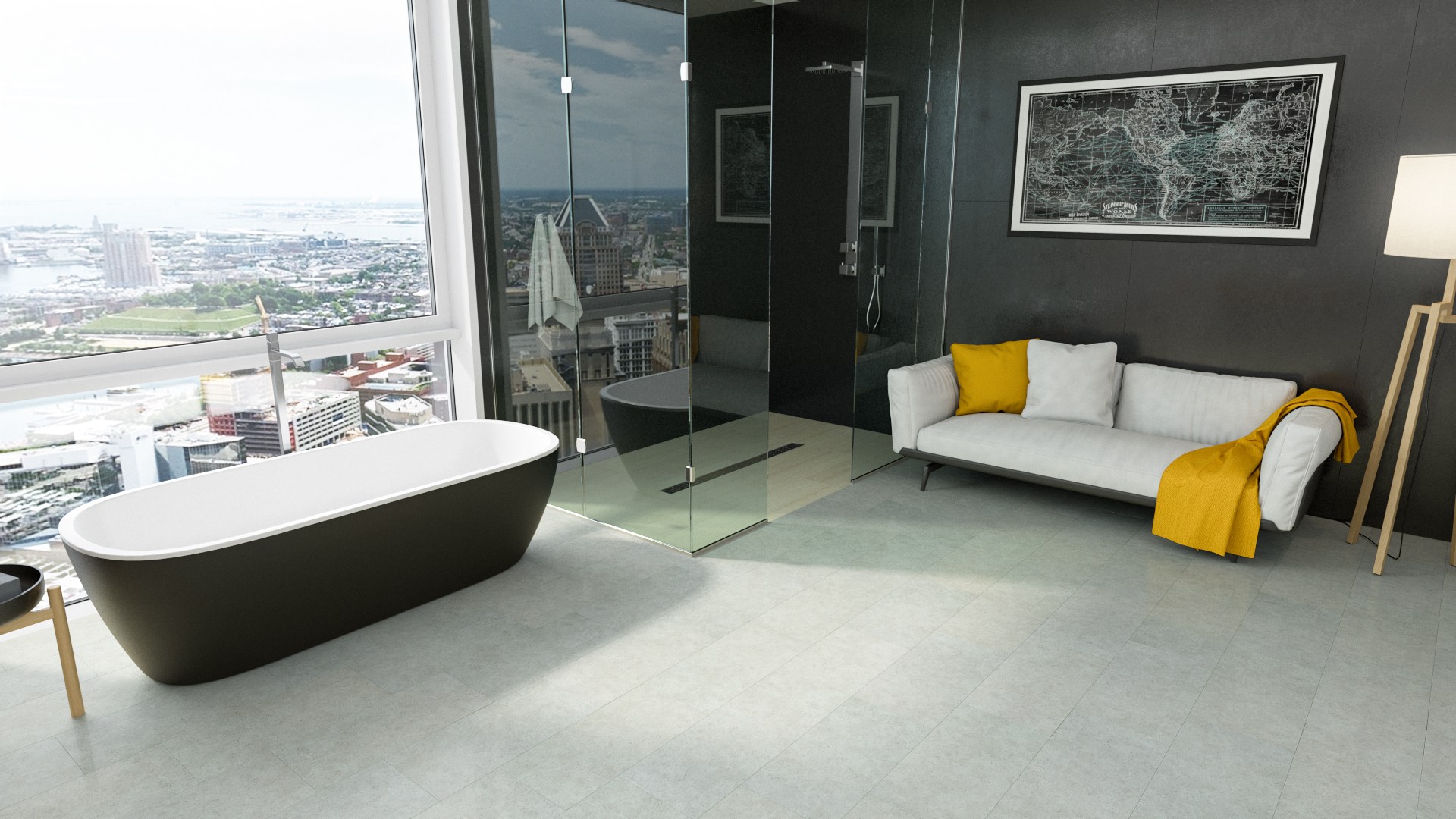 Кварцвиниловый SPC ламинат Fargo Stone Фисташковый базальт JC 11015-1 600×300×4 фото в интерьере