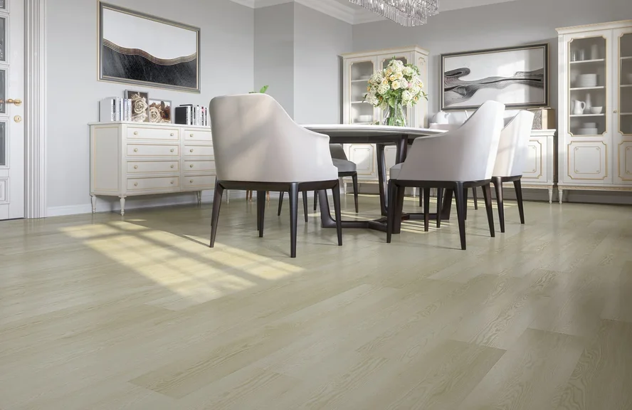 Кварцвиниловый SPC ламинат Fargo Comfort Ясень Белый JC 18001-35 1220×180×4 фото в интерьере