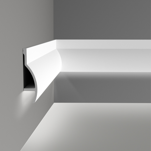 Потолочный плинтус под покраску Orac Decor Modern Fluxus C372 с подсветкой 2000×70×280 фото в интерьере