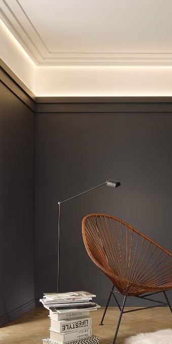 Потолочный плинтус под покраску Orac Decor Modern C396 с подсветкой 2000×61×185 фото в интерьере