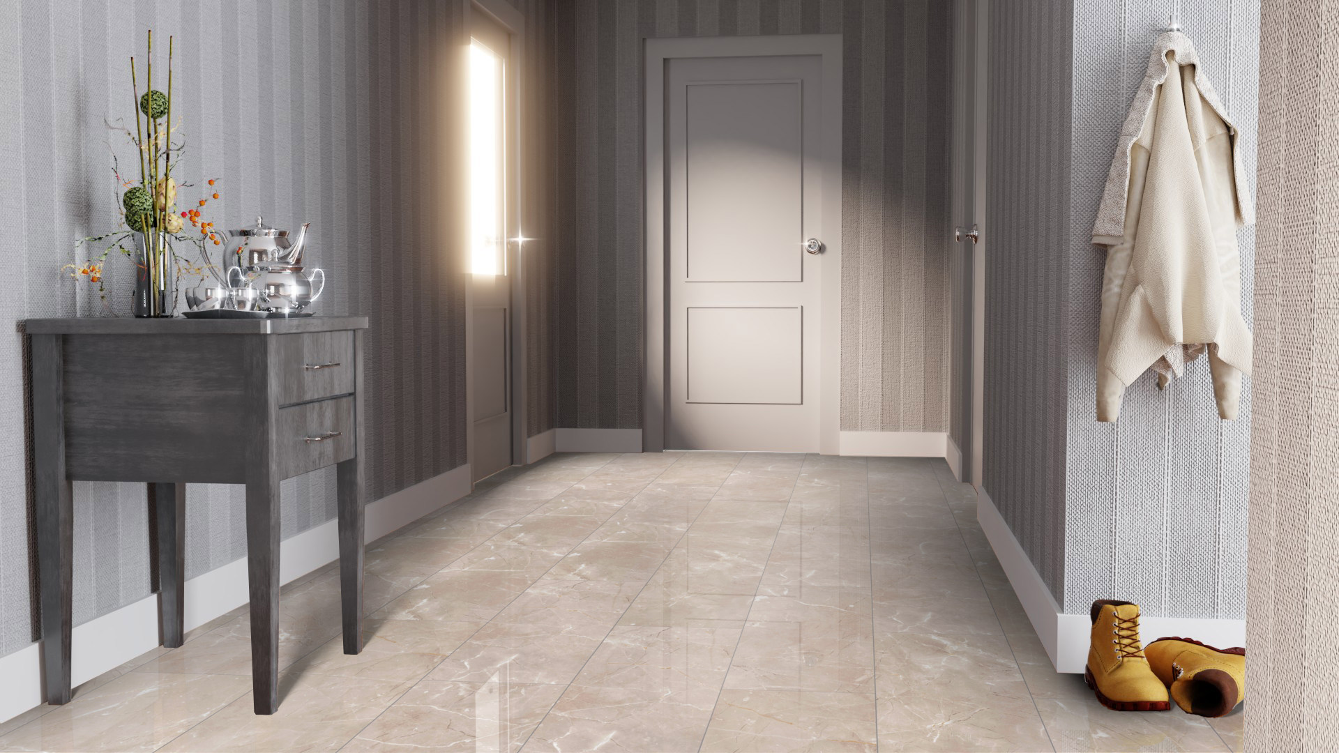 Ламинат Falquon Blue Line Stone 2.0 Botticino Classico Light D2911 глянец 810×400×8 фото в интерьере