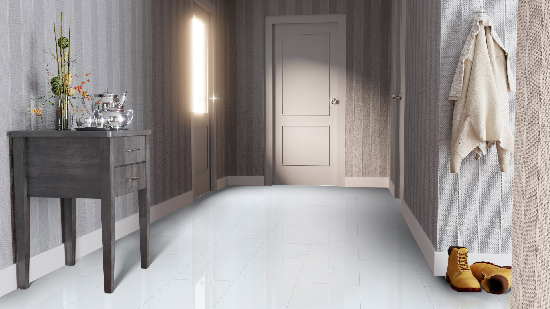 Ламинат Falquon Blue Line Stone Uni White D2935 глянец 644x310x8 фото в интерьере