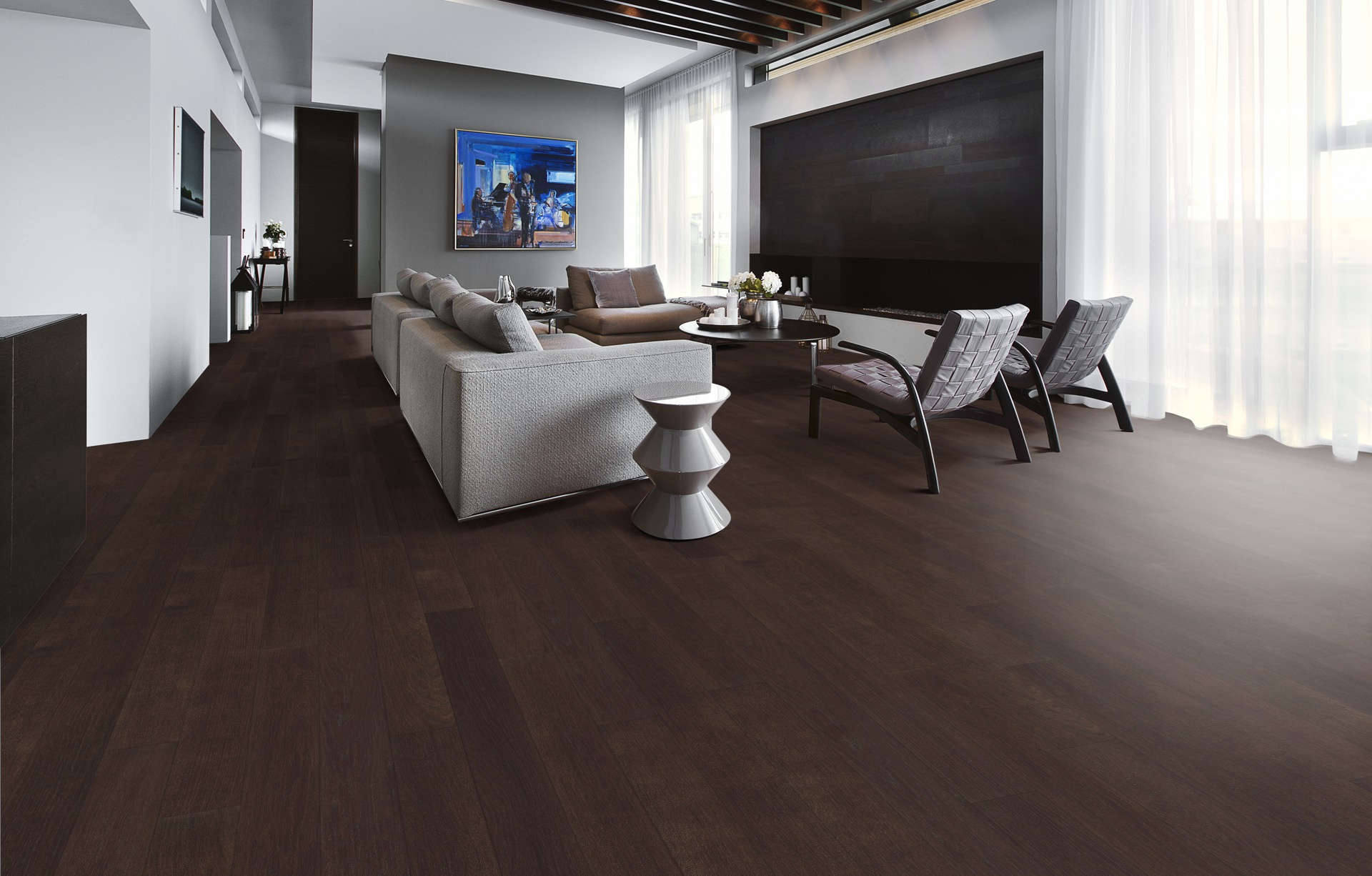 Паркетная доска Kahrs Ливинг Дуб Кофе Coffee 1225×118×7 фото в интерьере