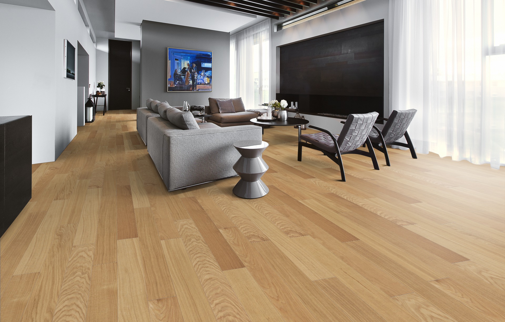 Паркетная доска Kahrs Ливинг Дуб Сахар Sugar 1225×118×7 фото в интерьере