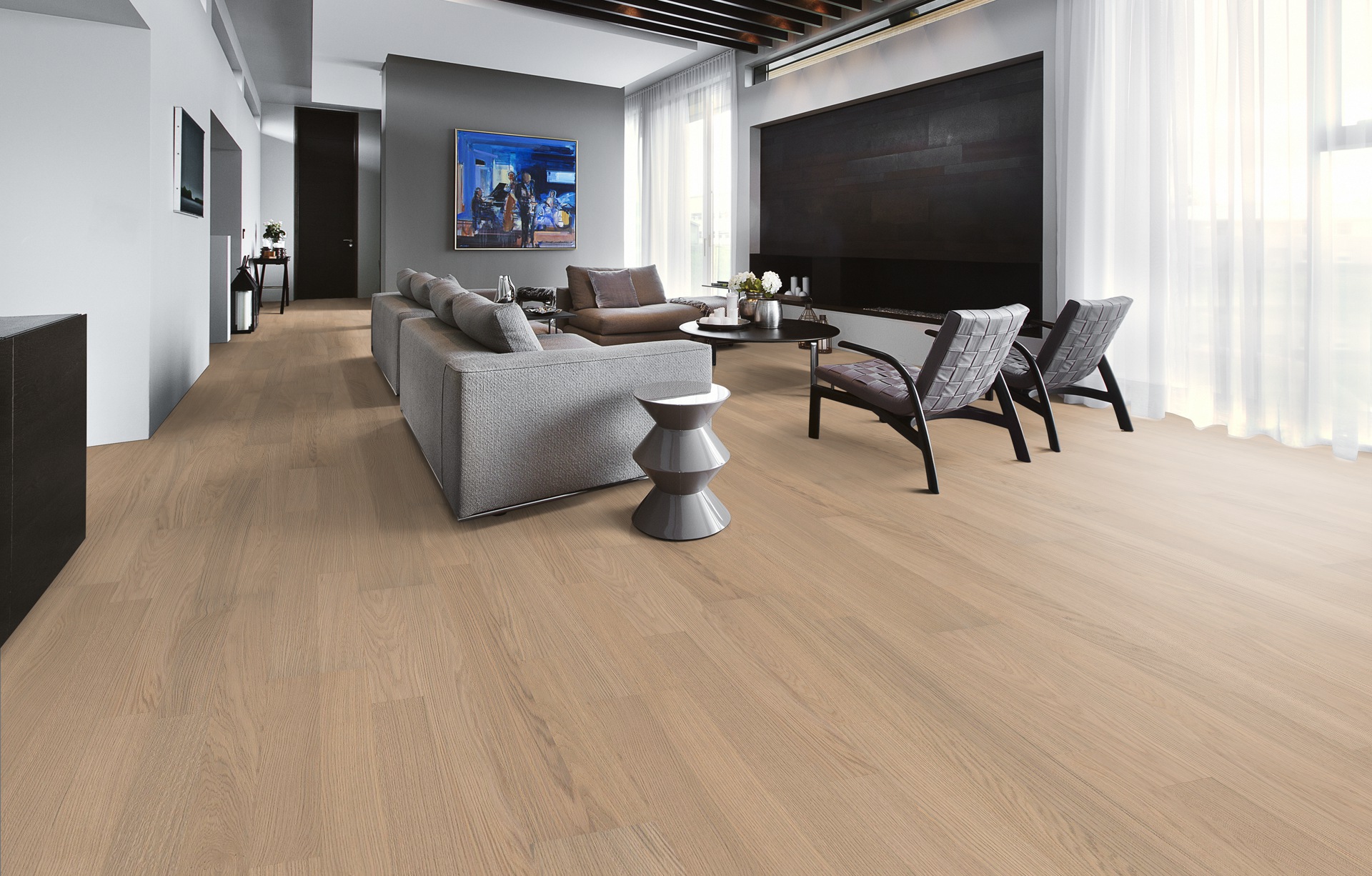 Паркетная доска Kahrs Лодж Дуб Прилив Tide 1225×193×7 фото в интерьере
