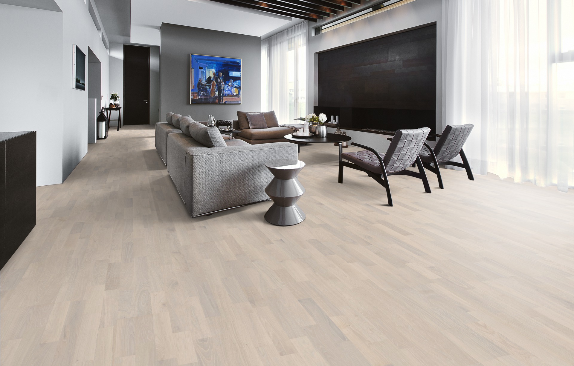 Паркетная доска Kahrs Люмен Дуб Иней Rime 153N3BEKB4KW240 Variation 2423×200×15 фото в интерьере