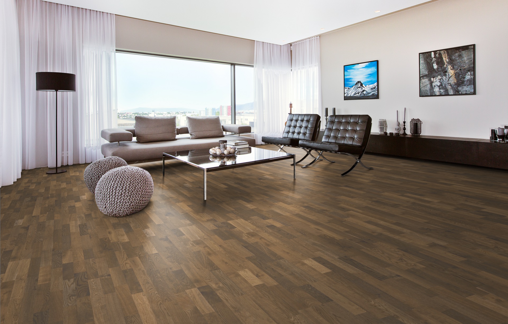 Паркетная доска Kahrs Люмен Дуб Мгла Dusk 153N3BEKF4KW240 Variation 2423×200×15 фото в интерьере