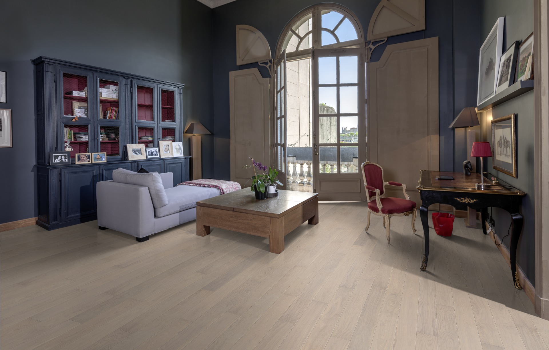 Глянцевая паркетная доска Kahrs Дуб Жемчуг Pearl 2420×187×15 фото в интерьере