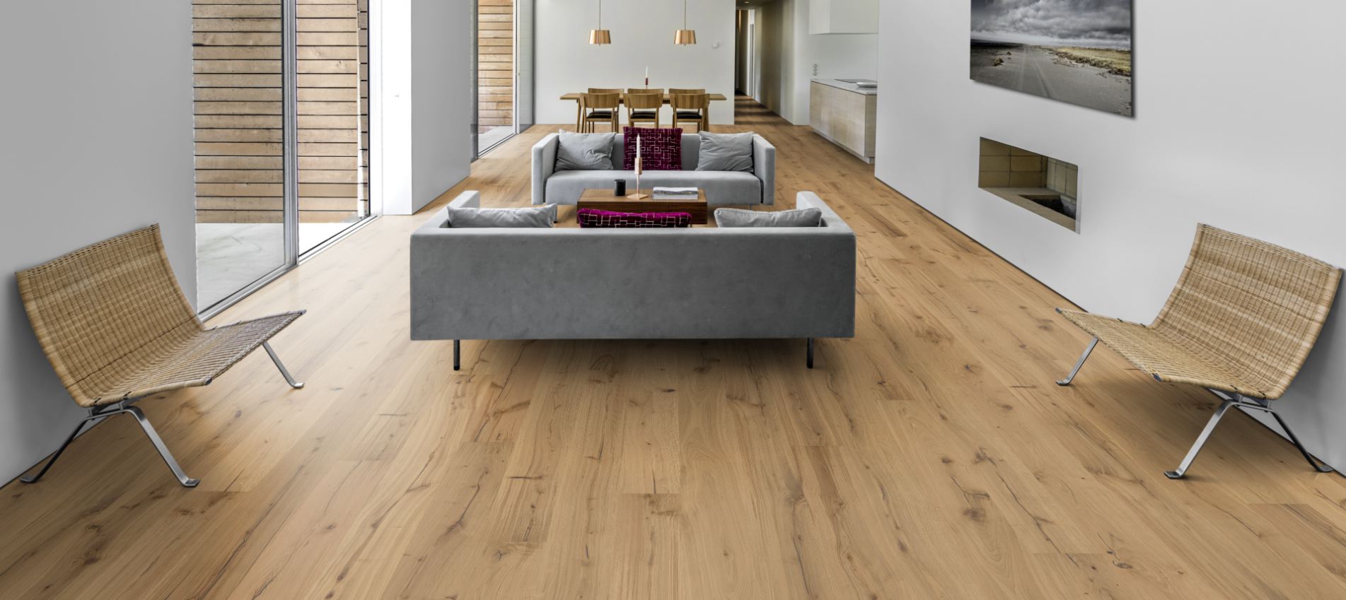 Паркетная доска Kahrs Променад Дуб Паллидо Pallido 151NDMEK10KW240 Dynamic 2420×187×15 фото в интерьере