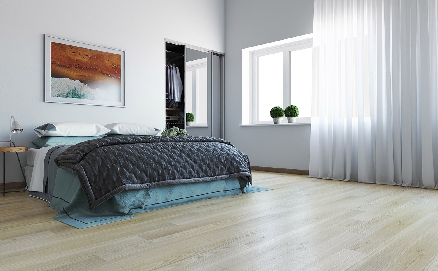 Паркетная доска Polarwood Space Дуб Premium Mercury White oiled 2G 1800×138×14 фото в интерьере