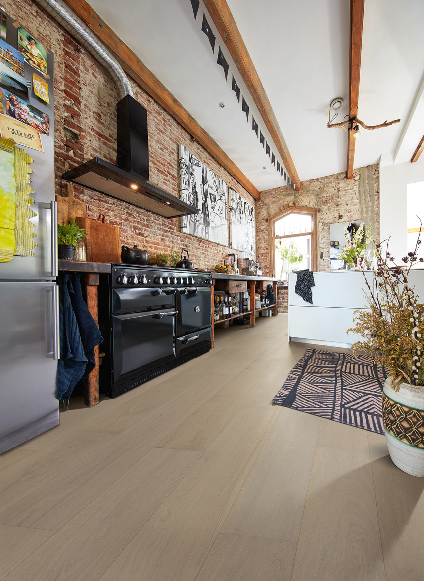 Паркетная доска Meister PD 400 Cottage Дуб гармония Кремово-серый 8802 2200×180×13 фото в интерьере