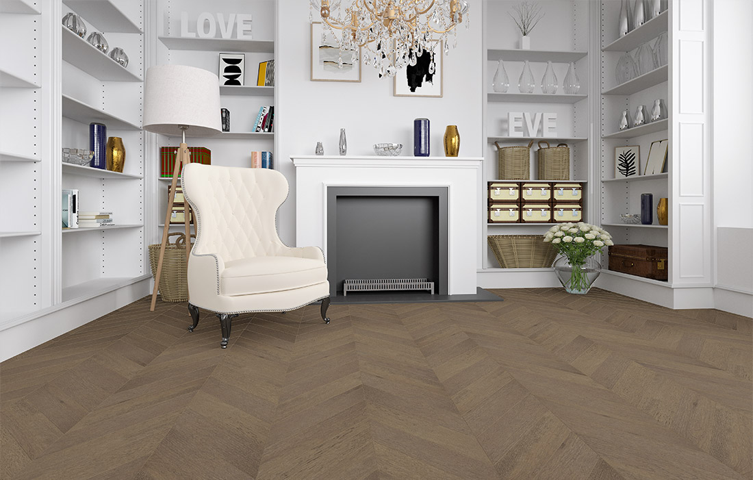 Инженерная доска Gran Parte Дуб Мокка Mocca 004 прайм-селект французская елка 460×110×15 фото в интерьере