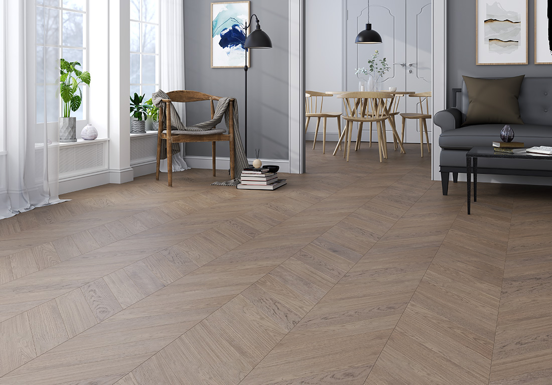 Инженерная доска Gran Parte Дуб Капучино Capuccino 003 прайм-селект французская елка 460×110×15 фото в интерьере