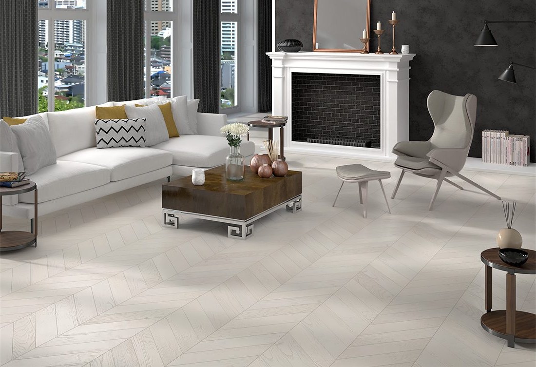 Инженерная доска Gran Parte Дуб Бианко 012 экстра французская елка 460×110×15 фото в интерьере