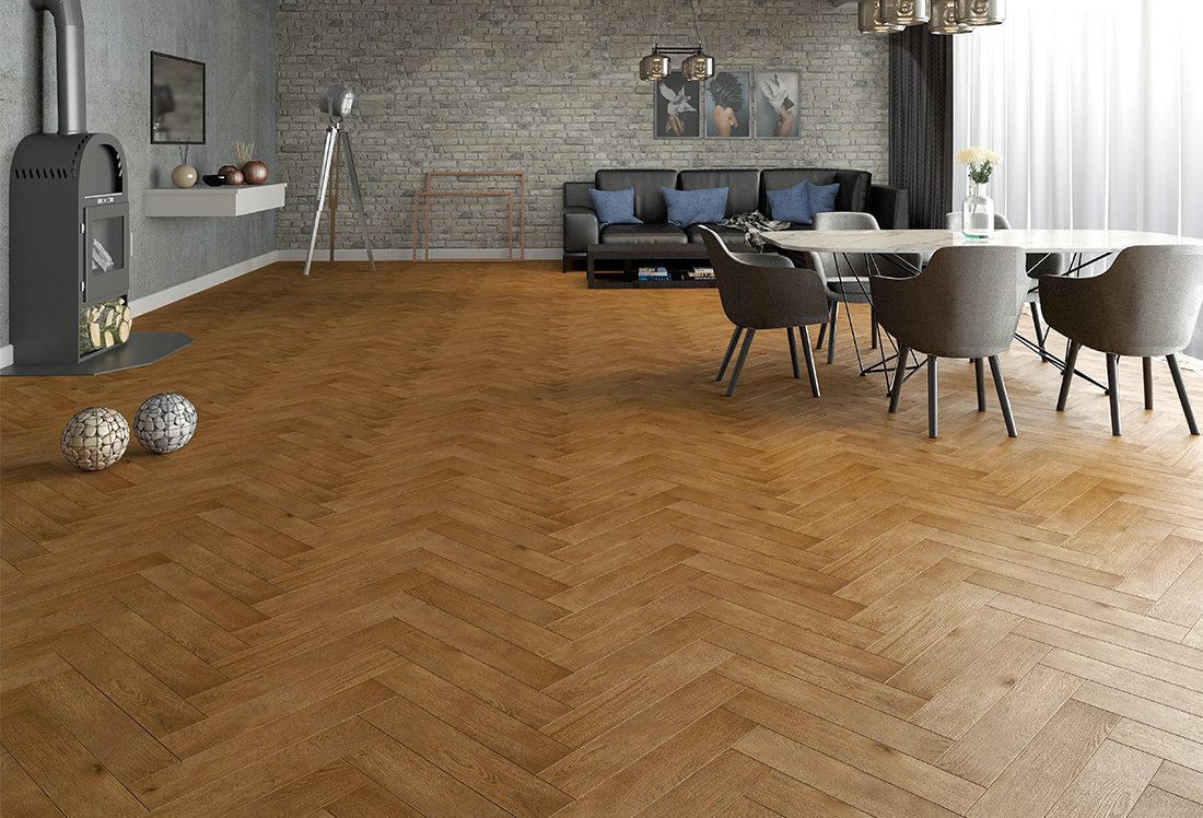 Инженерная доска Gran Parte Дуб Канелла Canella 005 прайм-селект венгерская елка 550×110×15 фото в интерьере