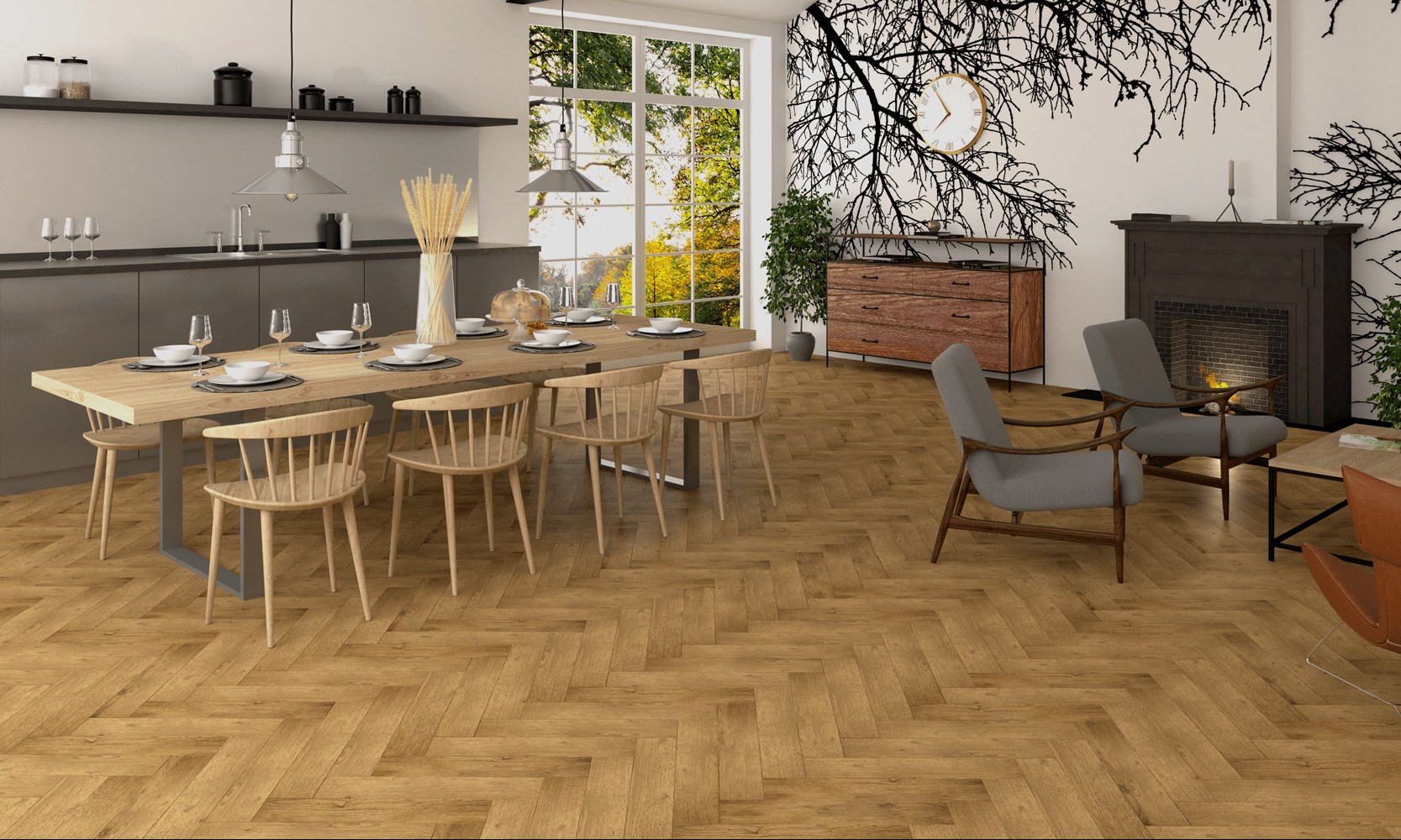 Инженерная доска Gran Parte Дуб Амбра Ambra 012 натур-классик венгерская елка 550×110×15 фото в интерьере