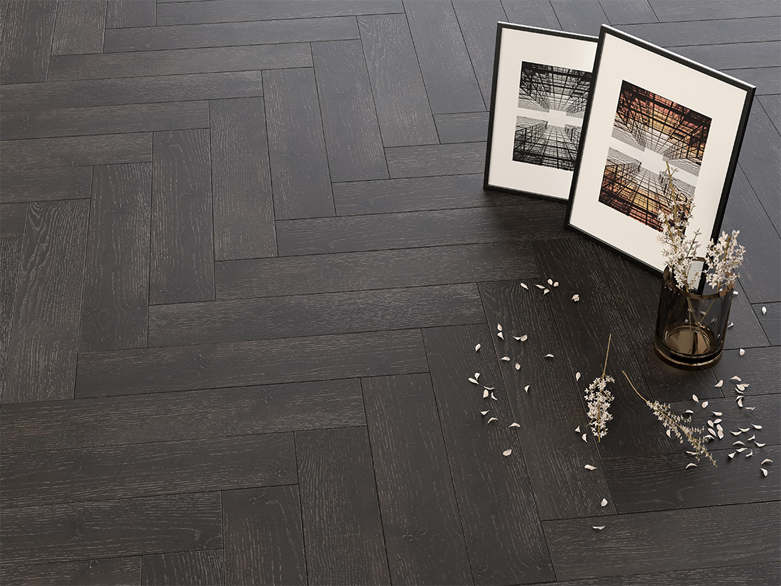 Инженерная доска Gran Parte Дуб Антрацит Antracite 024 натур-классик венгерская елка 550×110×15 фото в интерьере